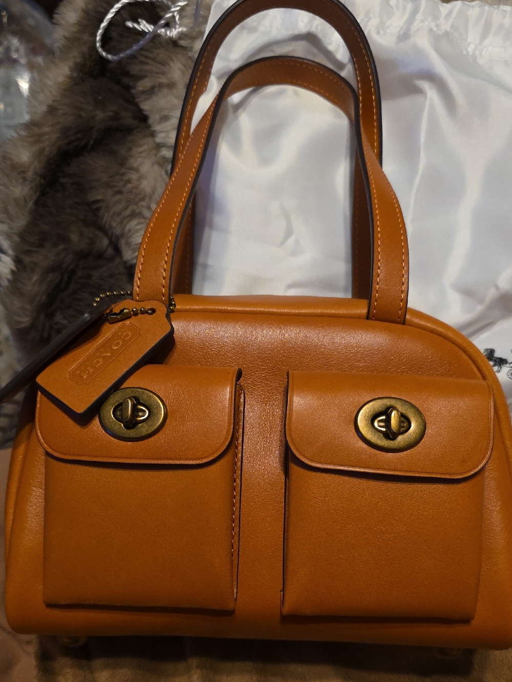 Coach Toffee Twin Turnlock Leather Satchel with Twin Front Pockets